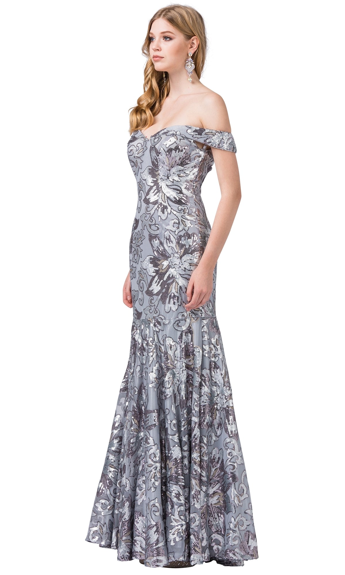 A woman models the Sequin-Print Off-the-Shoulder Long Formal Gown, featuring a fitted bodice, mermaid silhouette, and floor-length shimmering floral design, against a plain white background.